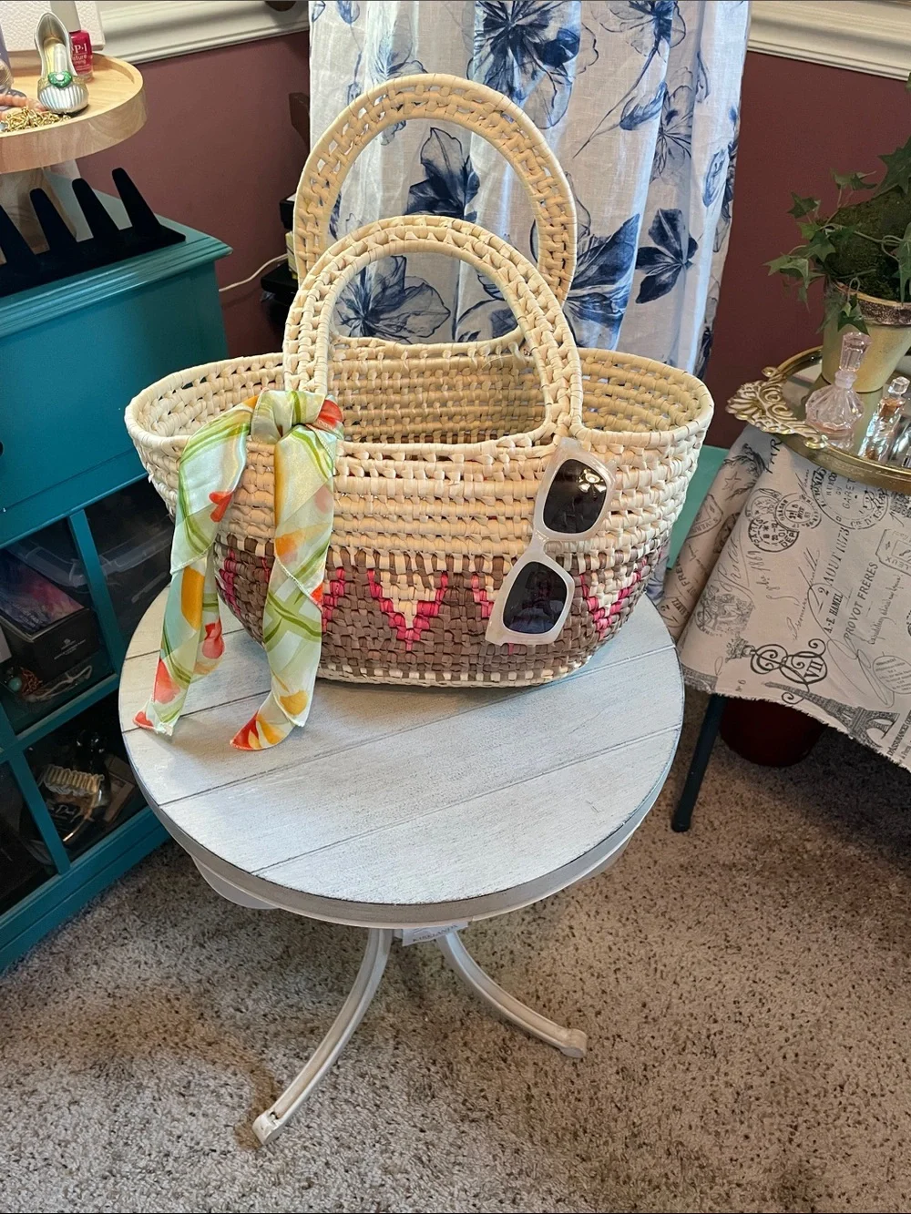 Woven Straw Tote Bag with Pink Accent and scarf